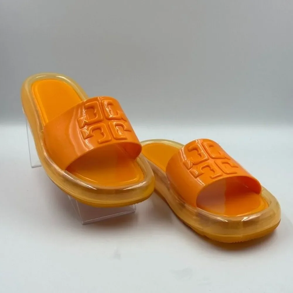 Tory Burch Womens 6 Orange Bubble Jelly Slide Sandal Logo